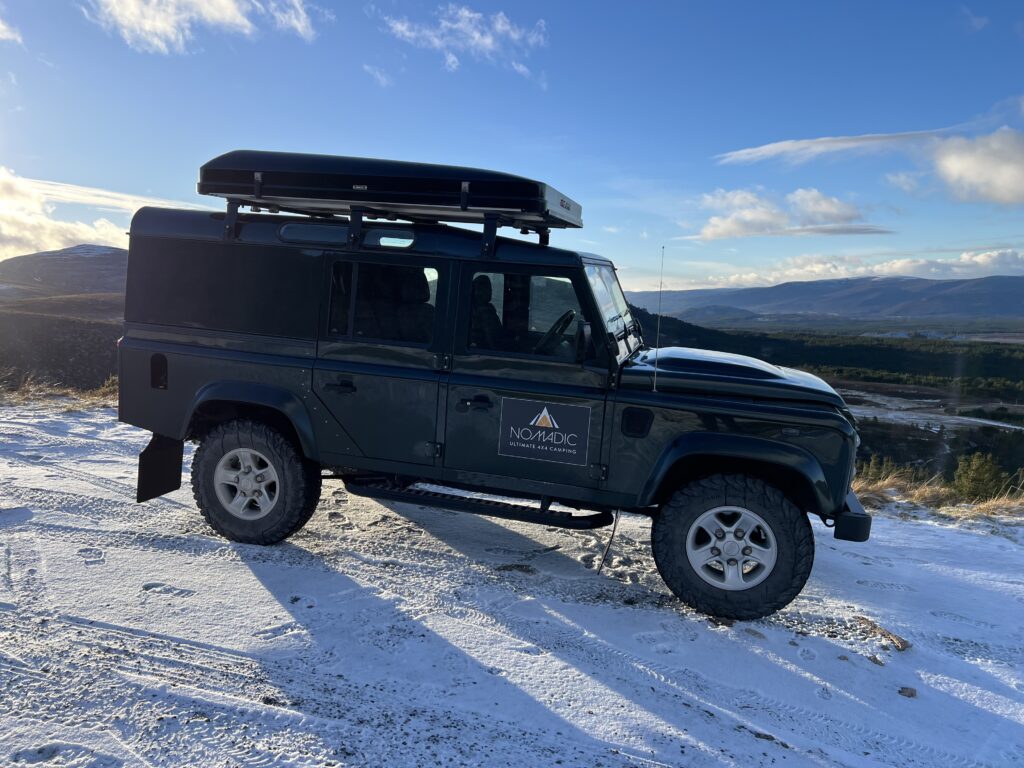 Nomadic Scotland LandRover in the snow.