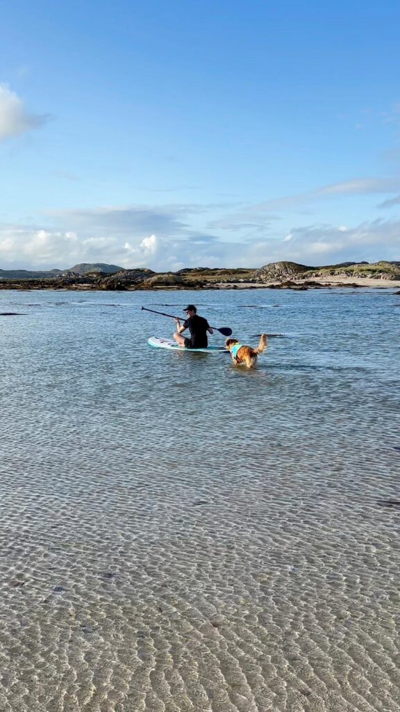 Man on paddleboard in shallow water of loch, with dog chasing him