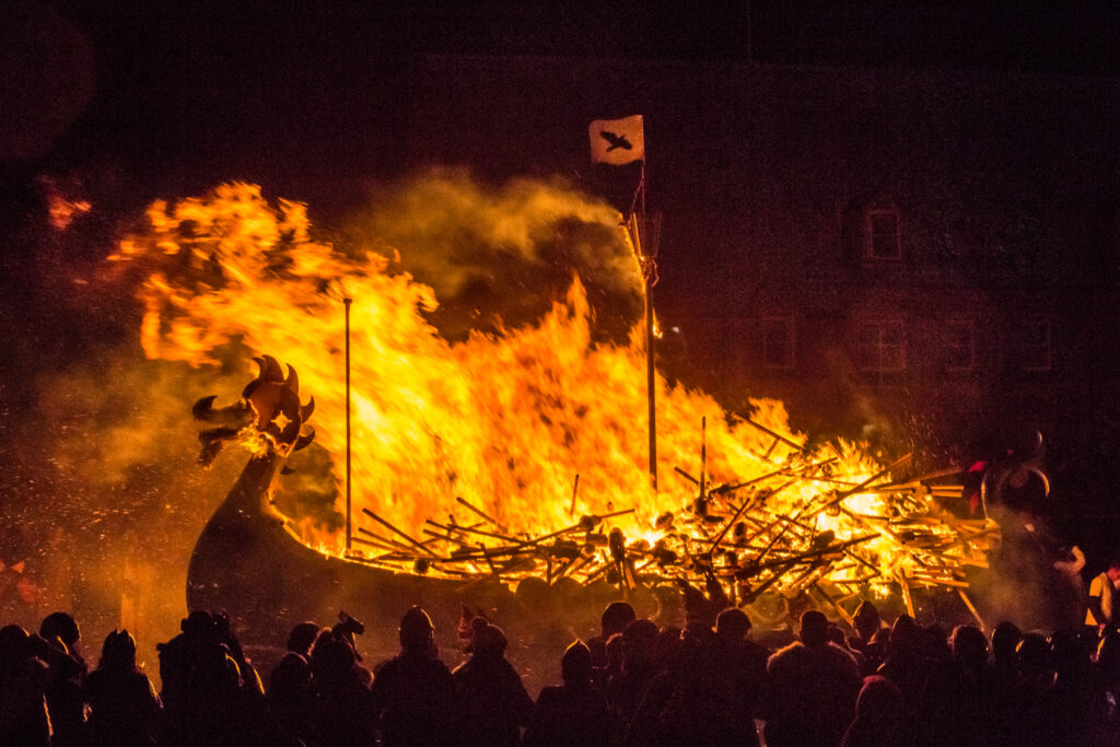 Viking Longship burning up at Up Helly Aa, the traditional Viking fire festival held in January.